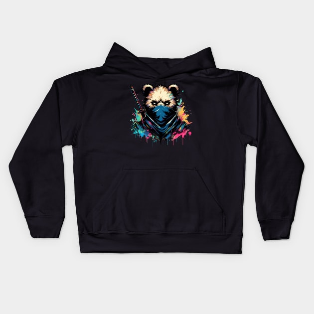 Colorful Ninja Bear Japanese Anime Ink Splash Style Kids Hoodie by TomFrontierArt